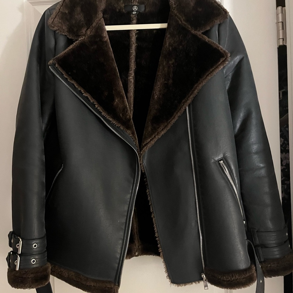 Black Faux Leather Jacket with Brown Fur Lining